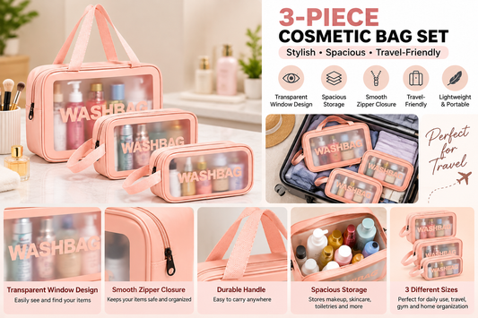 Transparent Window Cosmetic Bag Set of 3, Pink Toiletry Organizer Bags for Women, Travel Makeup Pouch, Skincare Storage Bag, Portable Makeup Organizer with Zipper