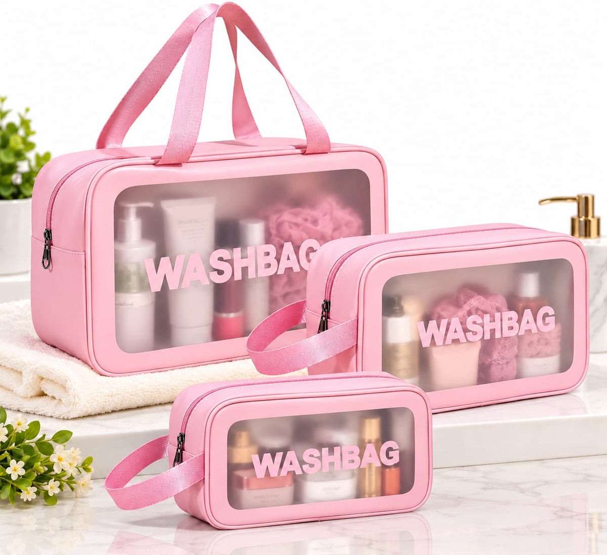 Transparent Window Cosmetic Bag Set of 3, Pink Toiletry Organizer Bags for Women, Travel Makeup Pouch