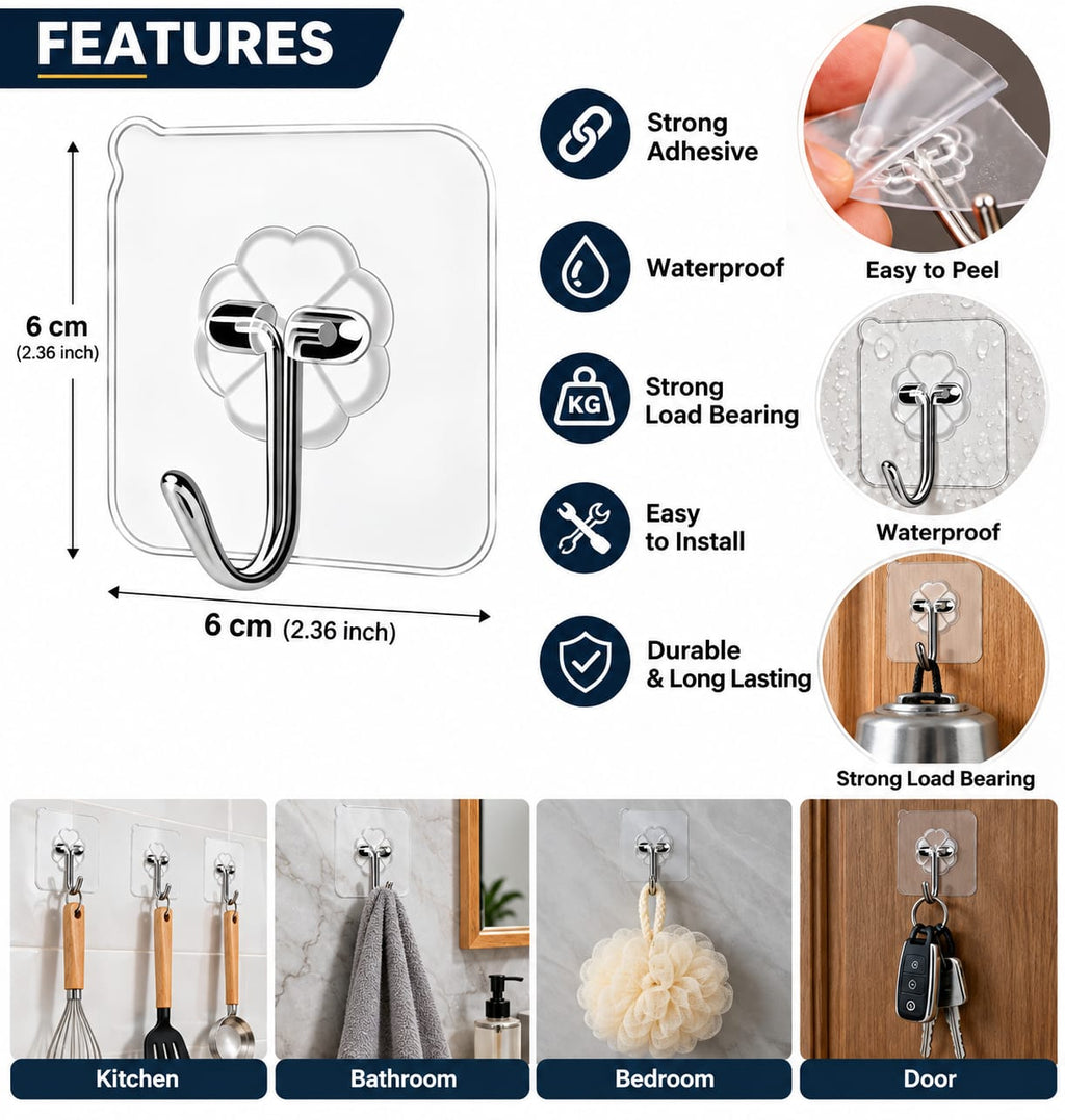 Self Adhesive Wall Hooks | Strong No Drill Hooks for Kitchen & Bathroom (Pack of 10