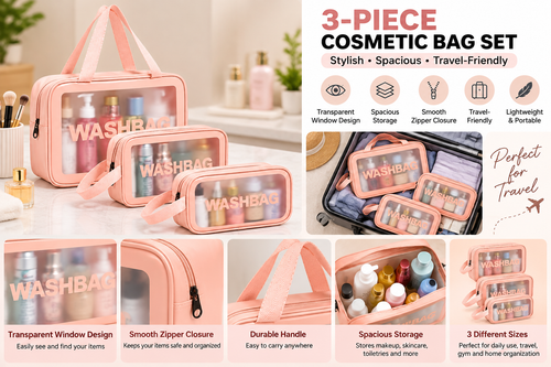 Transparent Window Cosmetic Bag Set of 3, Pink Toiletry Organizer Bags for Women, Travel Makeup Pouch