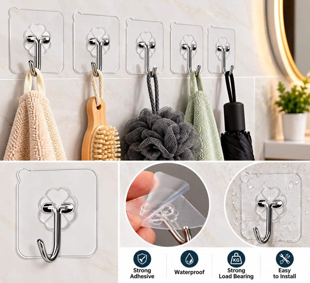 Self Adhesive Wall Hooks | No Drill Hooks for Kitchen, Bathroom & Home (Pack Of 20)