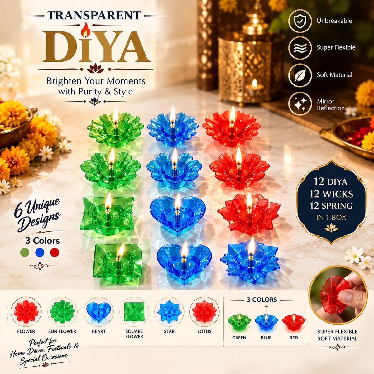 Transparent Diya Set for Diwali Decoration | 6 Unique Designs, 3 Colors | 12 Diyas with 12 Wicks & Springs | Reusable Flexible Plastic Diya for Home Decor, Festivals & Pooja