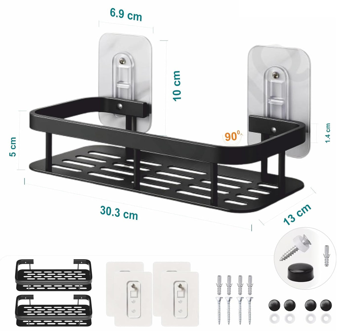 Wall Mounted Bathroom Shelf Organizer, Pack of 1, Self Adhesive & Screw Installation, Black Storage Rack for Bathroom, Kitchen, Shower, Toiletries & Home