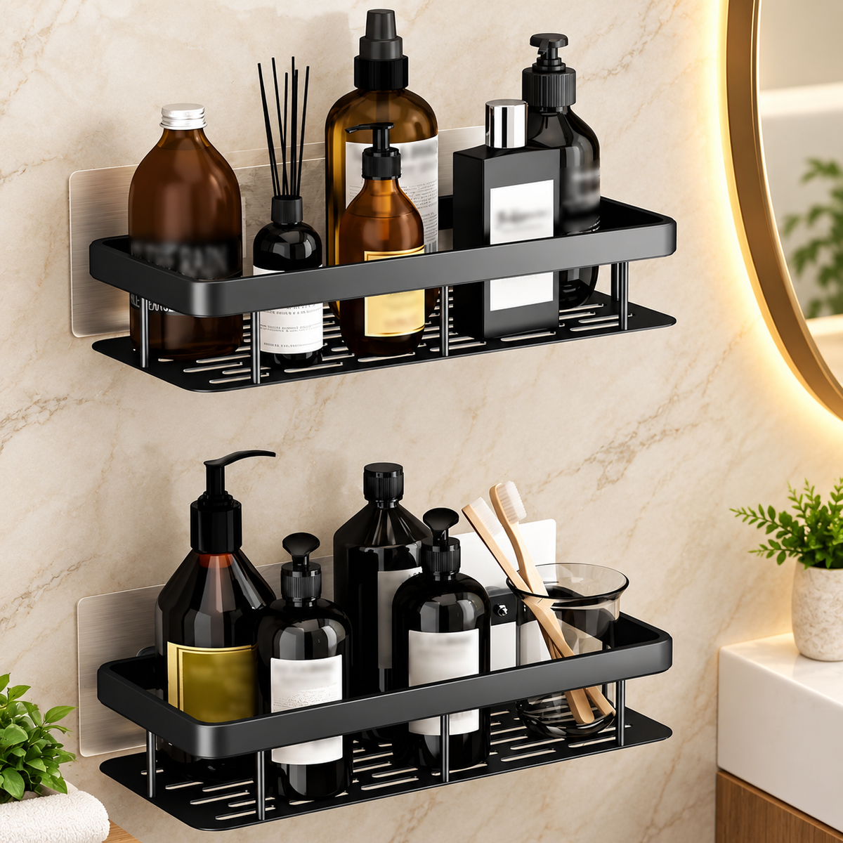 Wall Mounted Bathroom Shelf Organizer, Pack of 1, Self Adhesive & Screw Installation, Black Storage Rack for Bathroom, Kitchen, Shower, Toiletries & Home