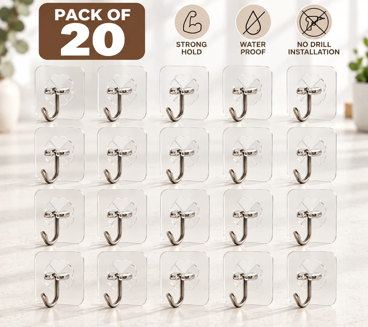 Self Adhesive Wall Hooks | No Drill Hooks for Kitchen, Bathroom & Home (Pack Of 20)