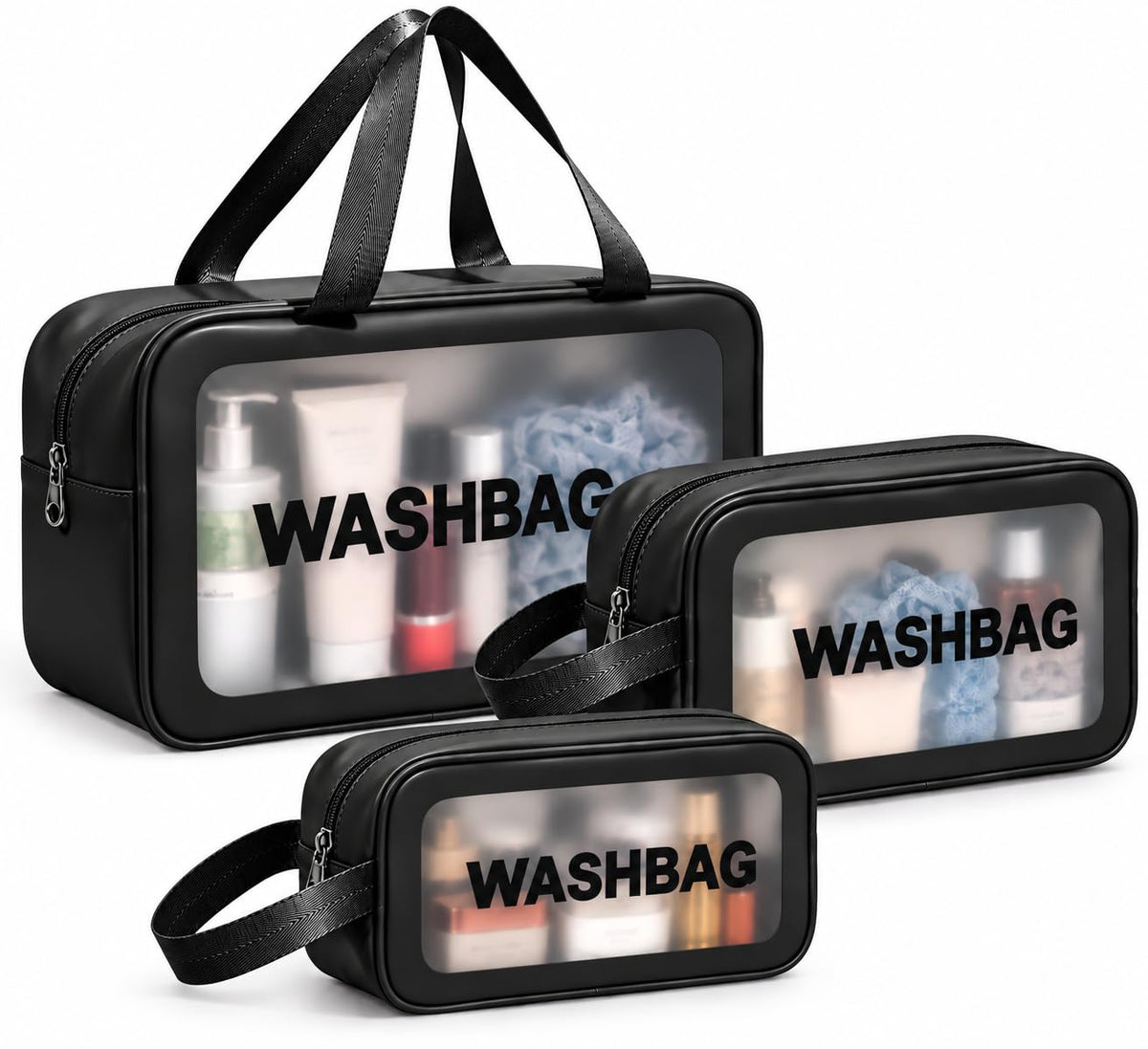 Transparent Window Cosmetic Bag Set of 3, Black Toiletry Organizer Bags for Women, Travel Makeup Pouch