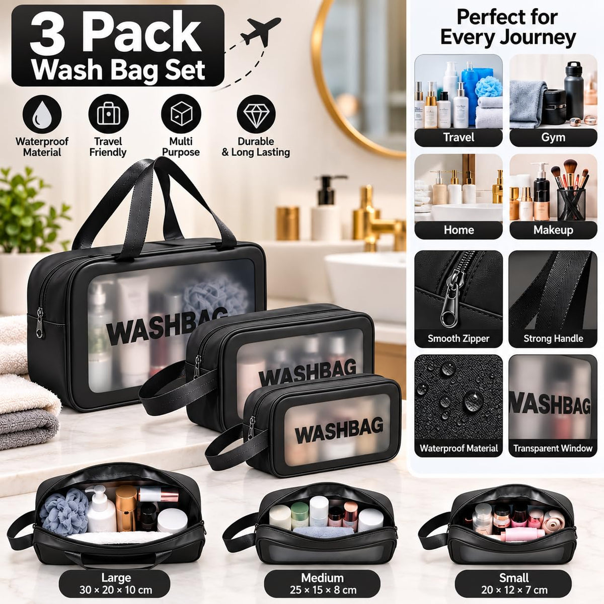 3 Piece Travel Toiletry Bag Set with Transparent Window | Cosmetic & Makeup Organizer