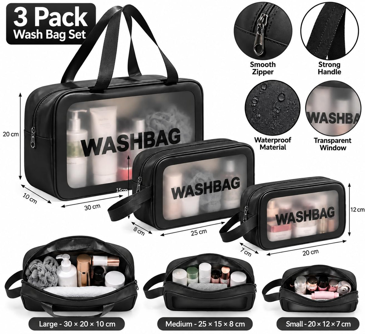 3 Piece Travel Toiletry Bag Set with Transparent Window | Cosmetic & Makeup Organizer
