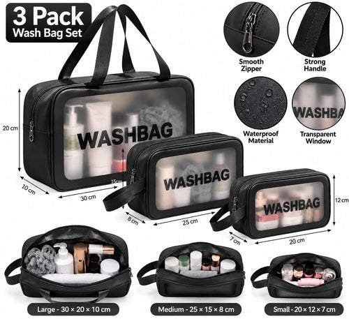 3 Piece Travel Toiletry Bag Set with Transparent Window | Cosmetic & Makeup Organizer