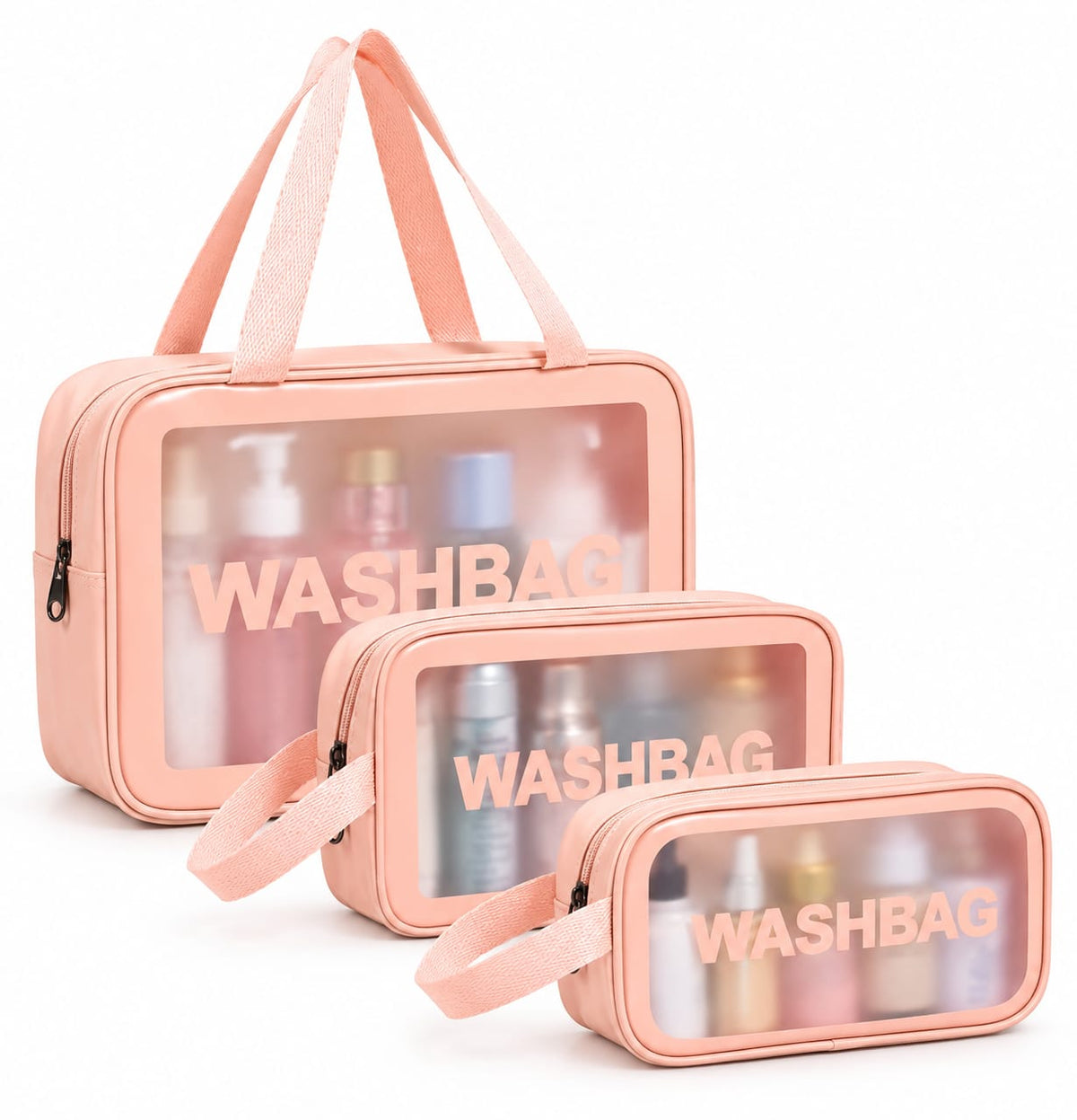Transparent Window Cosmetic Bag Set of 3, Pink Toiletry Organizer Bags for Women, Travel Makeup Pouch, Skincare Storage Bag, Portable Makeup Organizer with Zipper