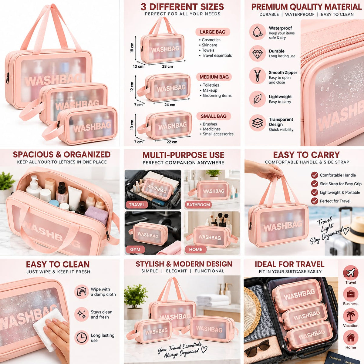 Transparent Window Cosmetic Bag Set of 3, Pink Toiletry Organizer Bags for Women, Travel Makeup Pouch