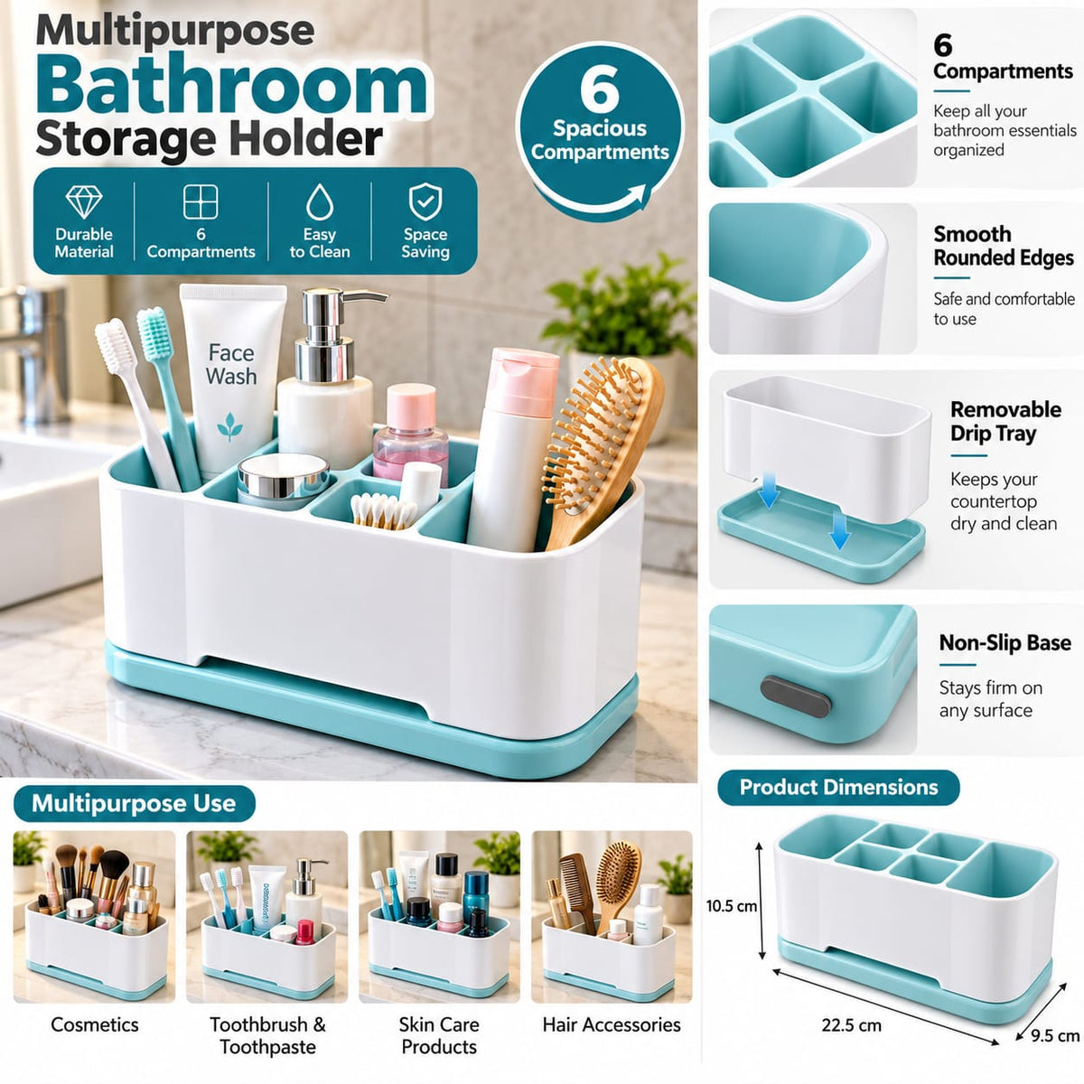 Multipurpose 6-Compartment Bathroom Organizer