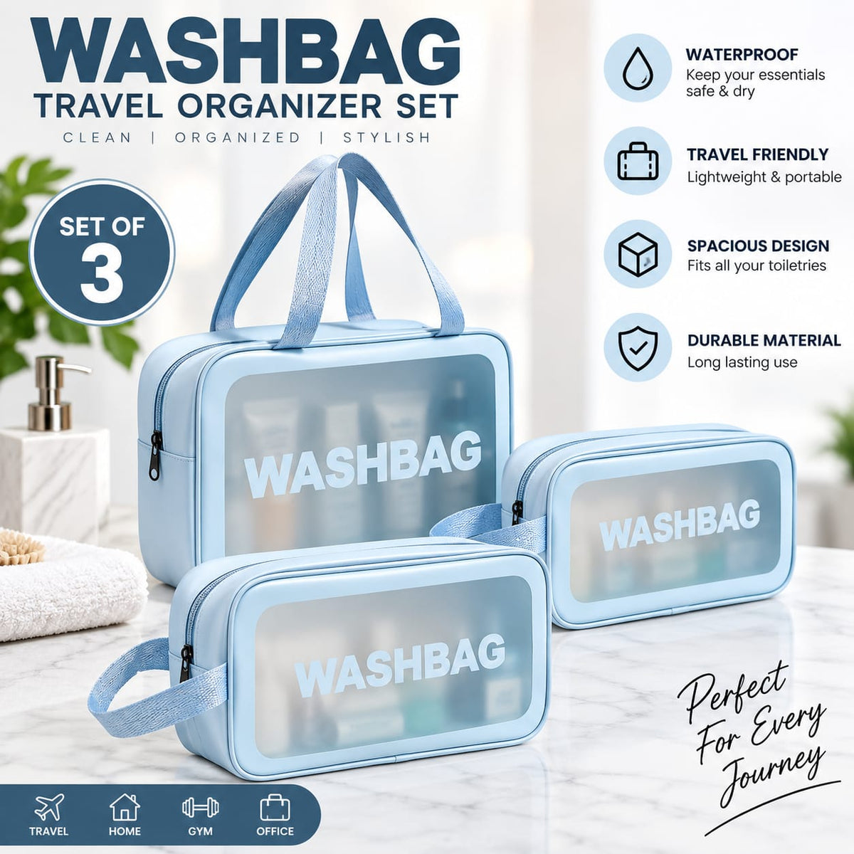 Transparent Window Cosmetic Bag Set of 3, Pink Toiletry Organizer Bags for Women, Travel Makeup Pouch
