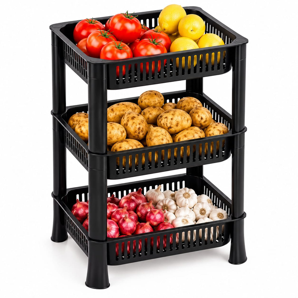 Vegetable Storage Rack Black | 3 Tier Kitchen Organizer for Fruits, Vegetables