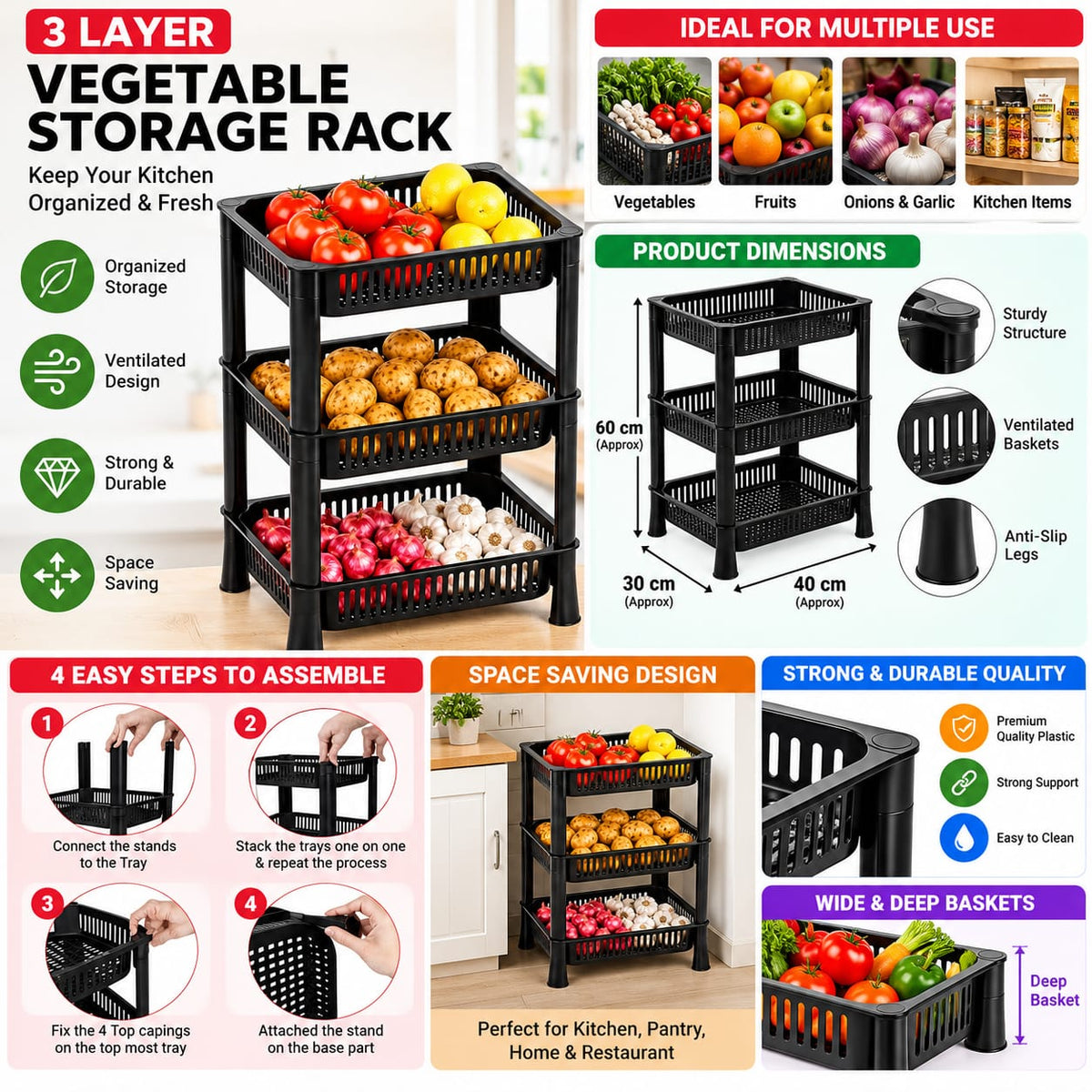 Vegetable Storage Rack Black | 3 Tier Kitchen Organizer for Fruits, Vegetables