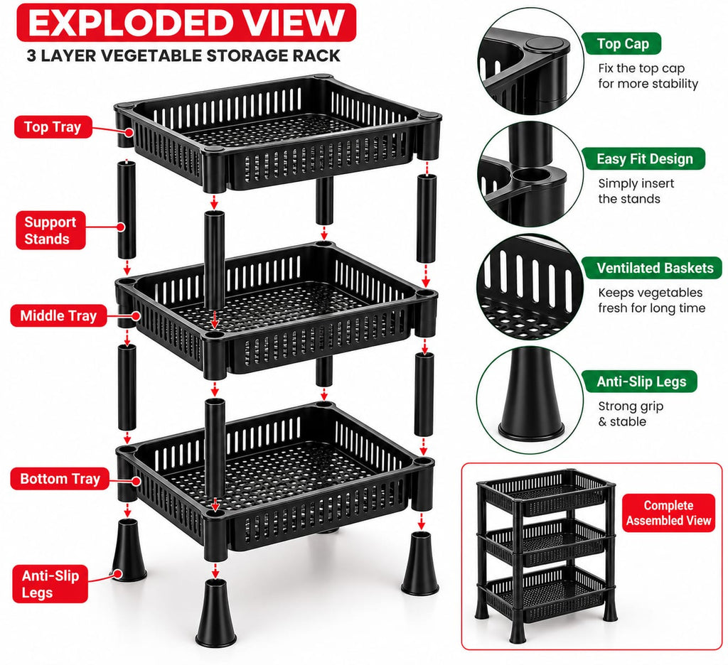 Vegetable Storage Rack Black | 3 Tier Kitchen Organizer for Fruits, Vegetables