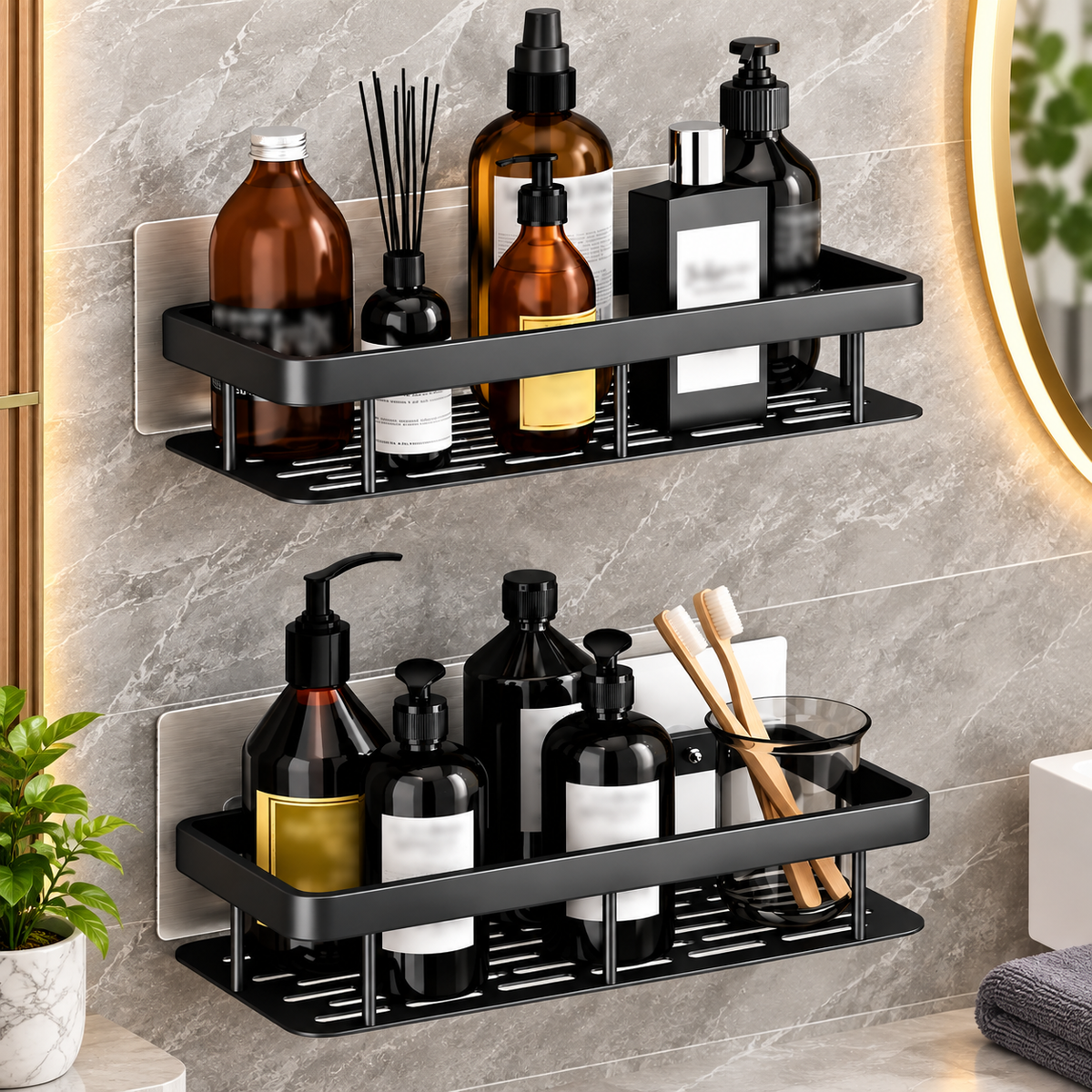 Wall Mounted Bathroom Shelf Organizer, Pack of 1, Self Adhesive & Screw Installation, Black Storage Rack for Bathroom, Kitchen, Shower, Toiletries & Home