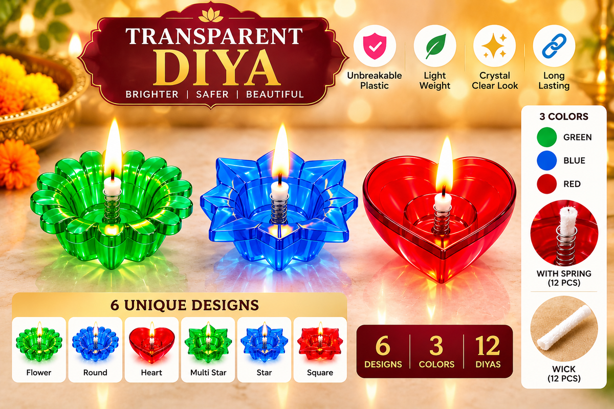 Transparent Diya Set for Diwali Decoration | 6 Unique Designs, 3 Colors | 12 Diyas with 12 Wicks & Springs | Reusable Flexible Plastic Diya for Home Decor, Festivals & Pooja
