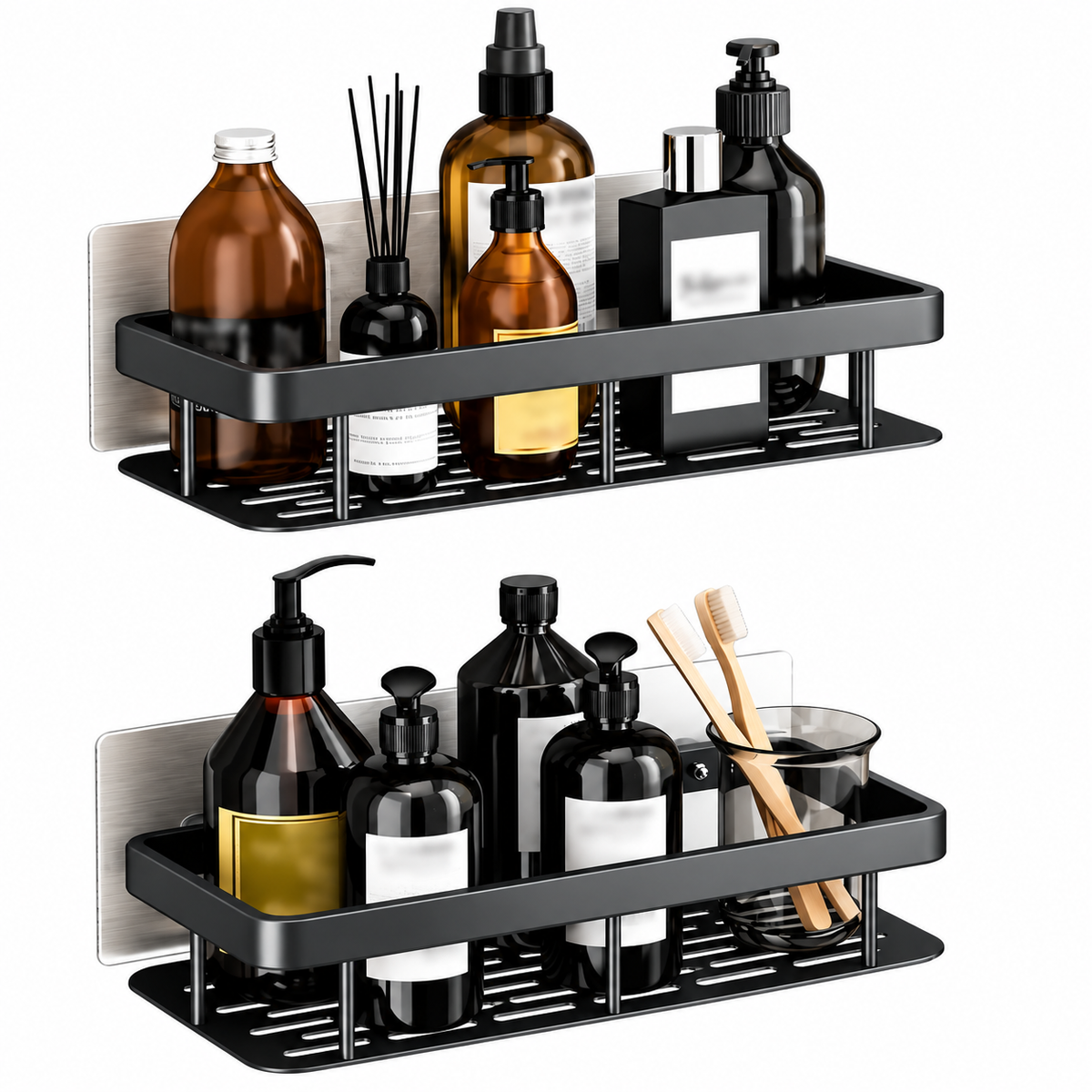 Wall Mounted Bathroom Shelf Organizer, Pack of 1, Self Adhesive & Screw Installation, Black Storage Rack for Bathroom, Kitchen, Shower, Toiletries & Home