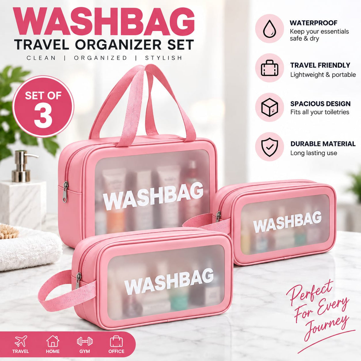 Transparent Window Cosmetic Bag Set of 3, Pink Toiletry Organizer Bags for Women, Travel Makeup Pouch