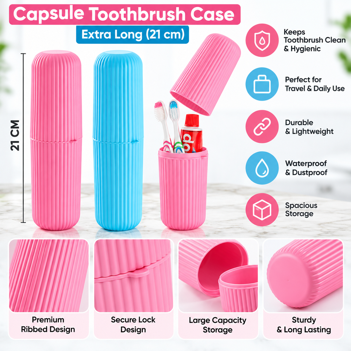 Capsule Toothbrush Case Extra Long | Ribbed Travel Toothbrush Holder | Waterproof & Dustproof Toothbrush Storage Case