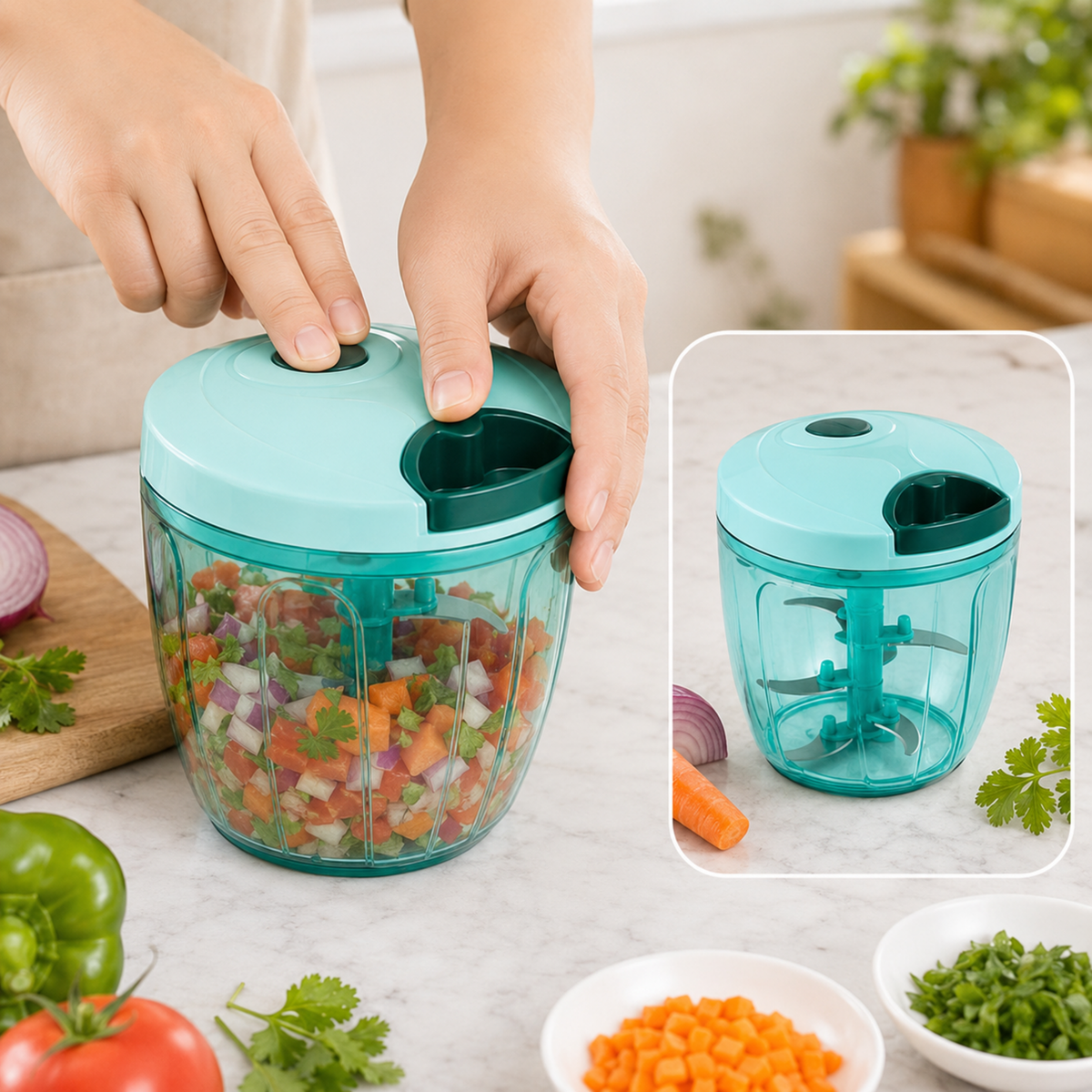 Manual Vegetable Chopper with Pull Cord – Multi-Blade Food Chopper for Onion, Vegetable & Salad
