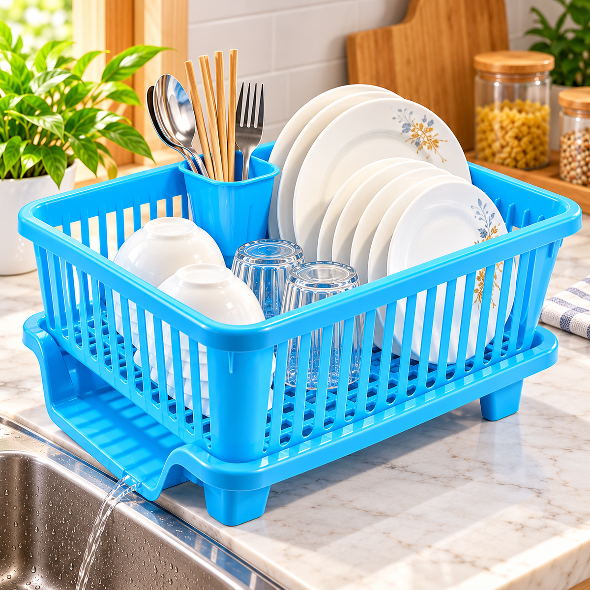 Plastic Dish Drying Rack, Cutlery Holder, Glass & Bowl Storage | Space Saving Dish Rack