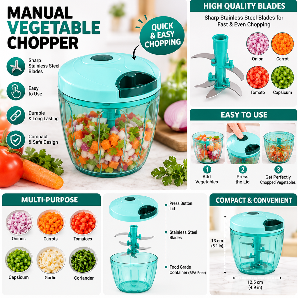 Manual Vegetable Chopper with Pull Cord – Multi-Blade Food Chopper for Onion, Vegetable & Salad