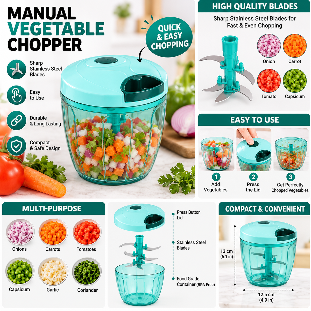 Manual Vegetable Chopper with Pull Cord – Multi-Blade Food Chopper for Onion, Vegetable & Salad