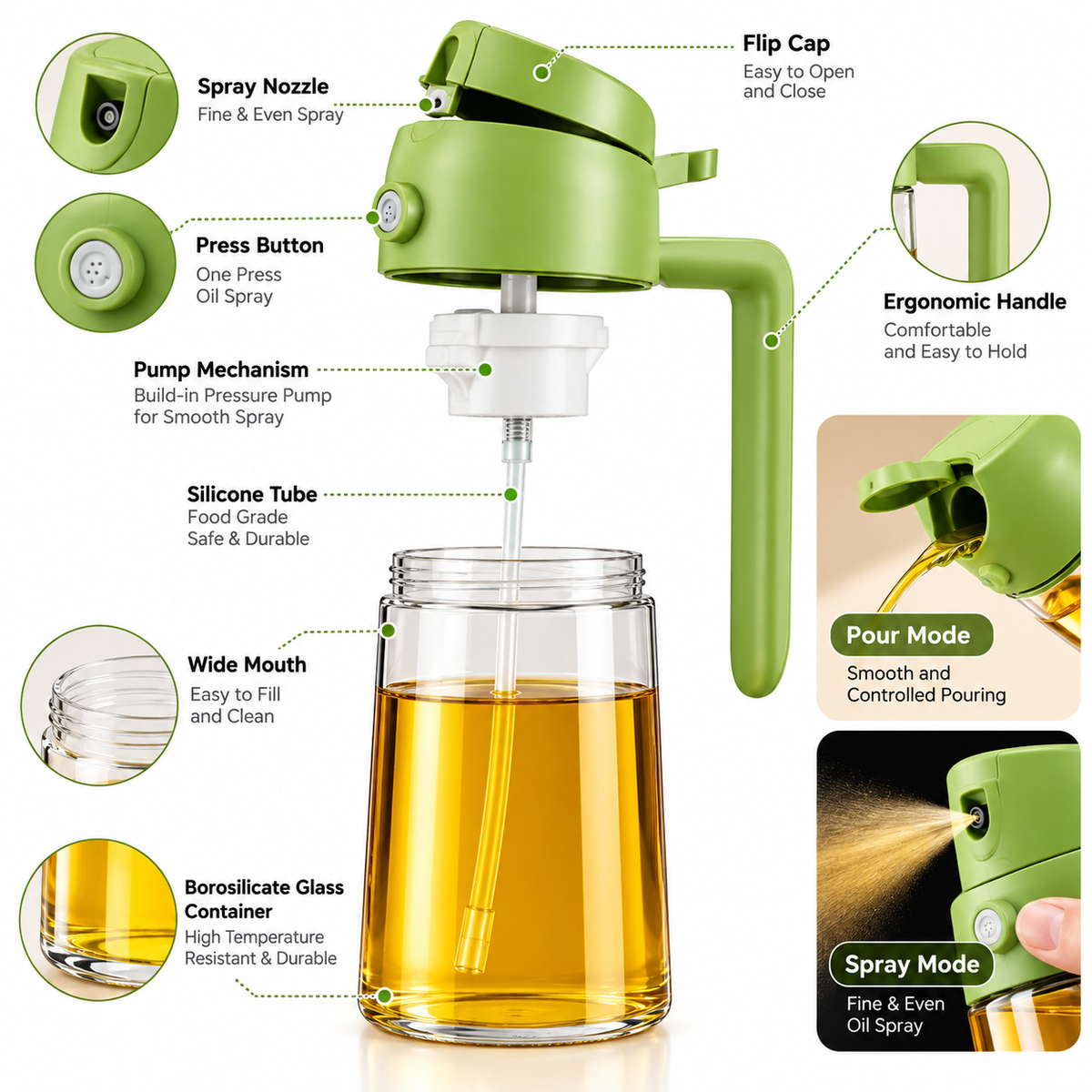 Oil Sprayer Bottle with Handle for Cooking, Green Oil Dispenser & Spray Bottle