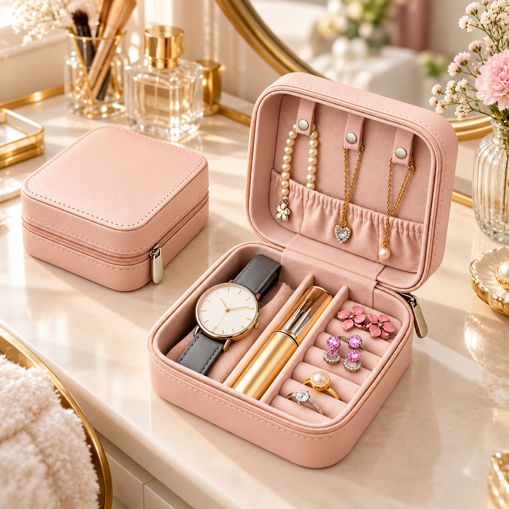 Mini Jewellery Box for Women – Travel Jewelry Organizer with Necklace Hooks & Ring Slots