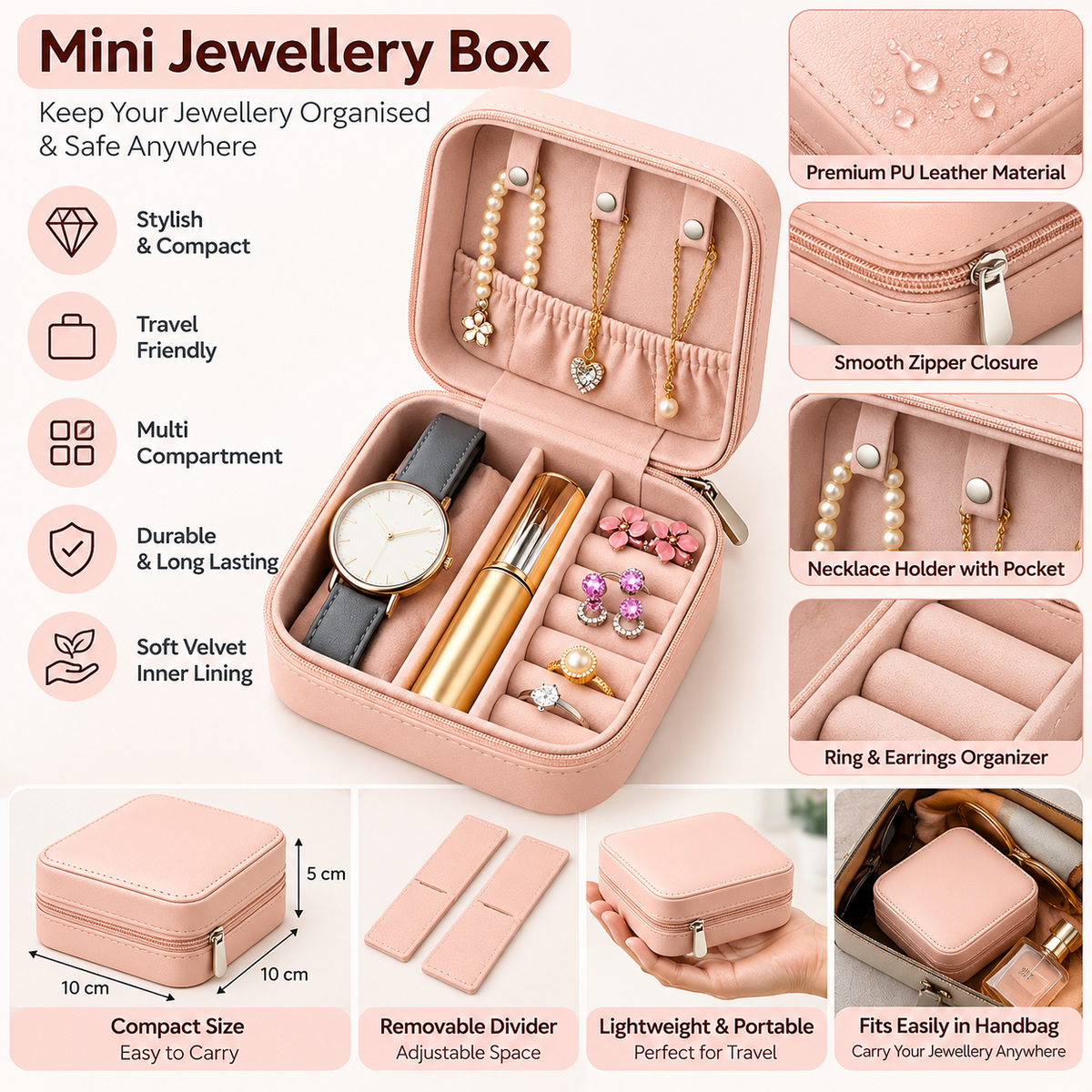 Mini Jewellery Box for Women – Travel Jewelry Organizer with Necklace Hooks & Ring Slots